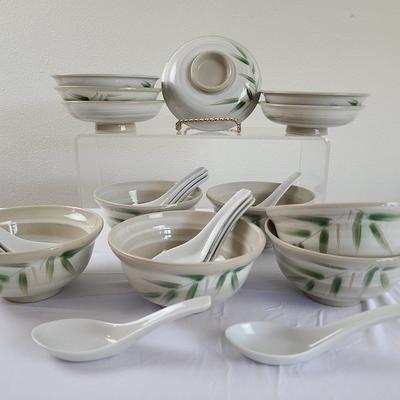 Japanese hand painted ceramic bowls and soup spoons