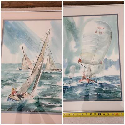 Two sailboat watercolors by Henry Miles