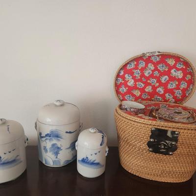 Double lidded tea canisters and tea set