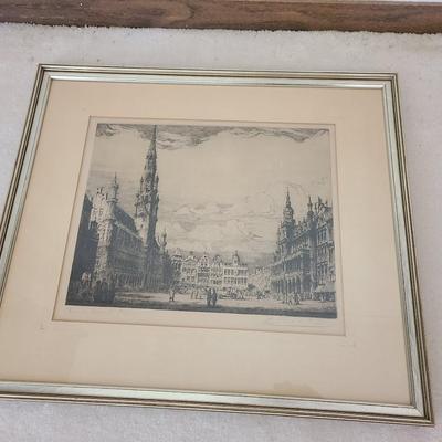1940s Rene Van De Sande Etching Brussels Grand Place Artwork Print