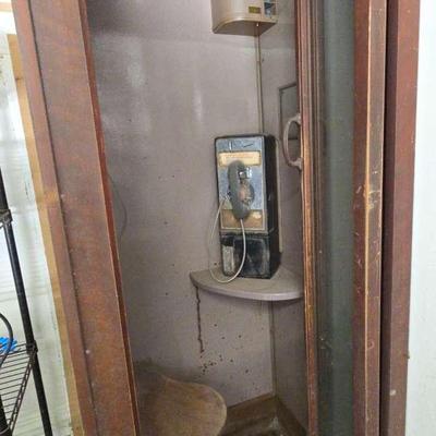 Vintage Mid-Century Wooden Phone Booth with Rotary Payphone