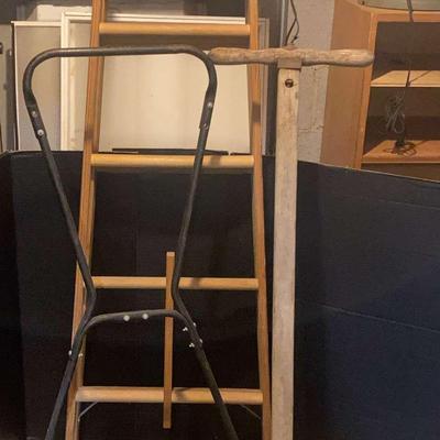 Vintage Push Mowers And Six Foot Wooden Ladder