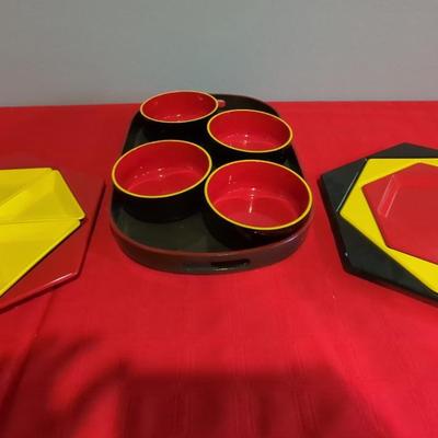 Vintage Toyo Made In Japan Red, Black, Yellow Lacquerware Serving Dishes