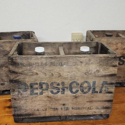 Three Vintage Pepsi Cola Crates and Bottles