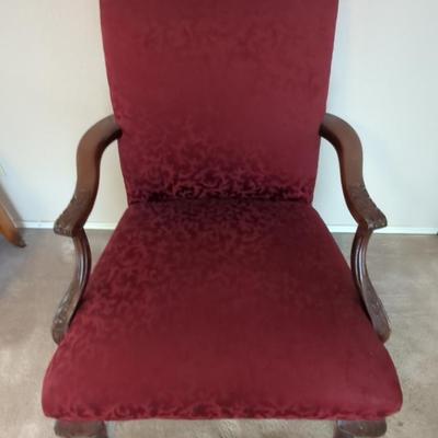Chippendale Style Arm Chair W/ Burgundy Upholstery 