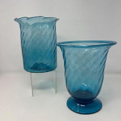 Two Blue Swirl Speckled Glass Vases