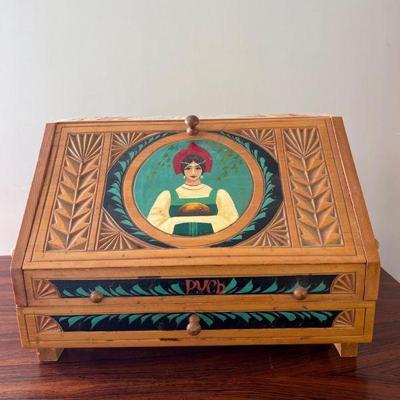 Hand-Painted Russian Wood Chest with Folk Art Design