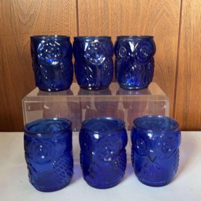 Cobalt Blue Owl Juice Glasses/Mini Vases 