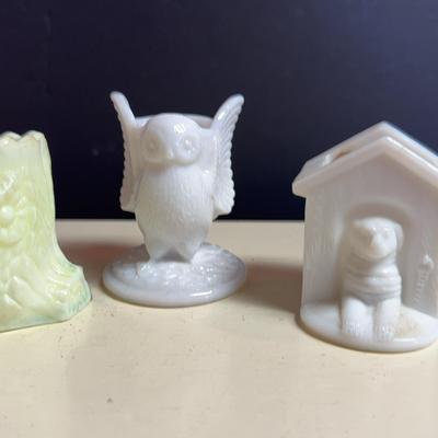 Westmoreland Doghouse, Milkglass Owl, Summit Artglass Toothpick Holders 
