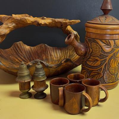 Hand Carved Wood Fruit Basket/Coffee Pot
