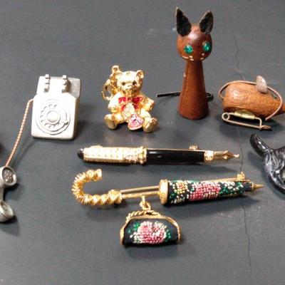 Danish Wood Cat & Mouse/Swarvoski Teddy Bear & Umbrella/ Other Character Pins 