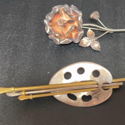 Paint Palette & Rose Brooches Stamped 925