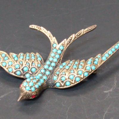 Victorian Turquoise Pavé Swallow Bird Brooch