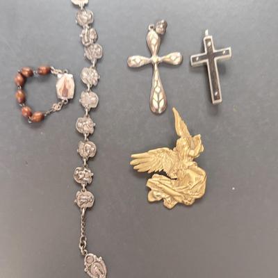 Sterling Link Bracelet, Cross & MFA Angel Brooch
