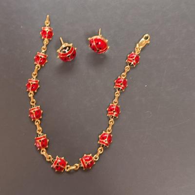 Ladybug Bracelet & Earrings Stamped 14k