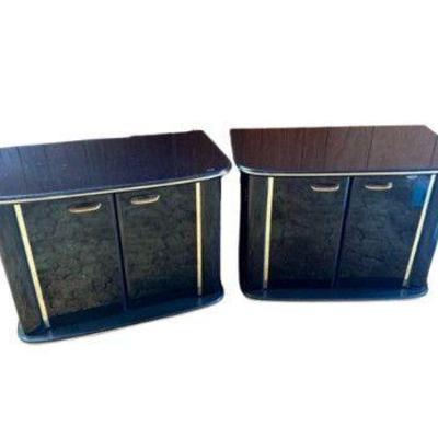 Vintage Perdue Black Lacquer Nightstands w/ Gold Trim – 90's Pair	