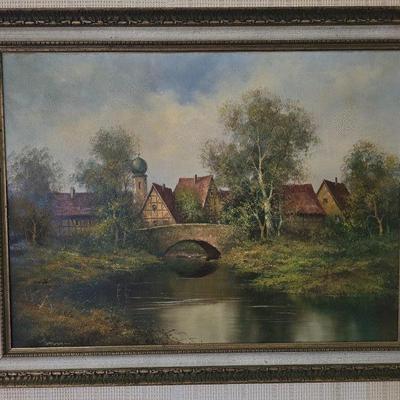 Vintage Framed European Village Landscape Oil Painting on Canvas	