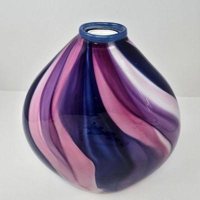 Hand-Blown Art Glass Vase – Swirled Pink, Purple & Blue Design	
