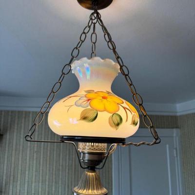 Vintage Hand-Painted Glass Pendant Light – Hardwired Floral Shade	