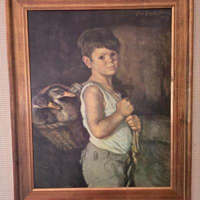 1946 Luis García Oliver Painting – Boy w/ Basket of Geese, Signed	