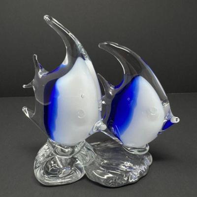 Murano Style Art Glass Angelfish Sculpture – Blue & White Duo	