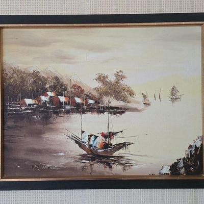 C.K. Choi Seascape Painting – Village & Boats, Signed Framed Art	