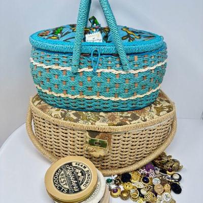Vintage Wicker Sewing Baskets, Vintage Buttons, Seam Binding & Notions	