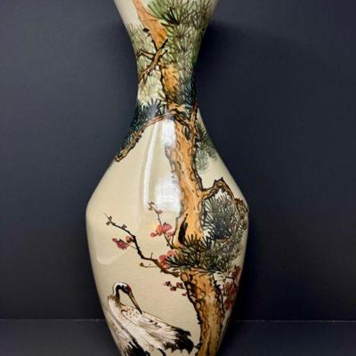 Hand Painted Chinese Vase – Crane & Pine Motif, Signed Base	