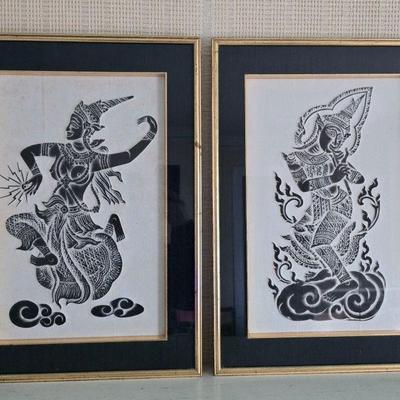 Thai Charcoal Temple Rubbing On Paper – Dancing Goddess & Flute Player	
