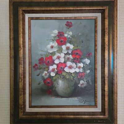 Floral Still Life Oil Painting Signed Paul James – Red & White Blooms	