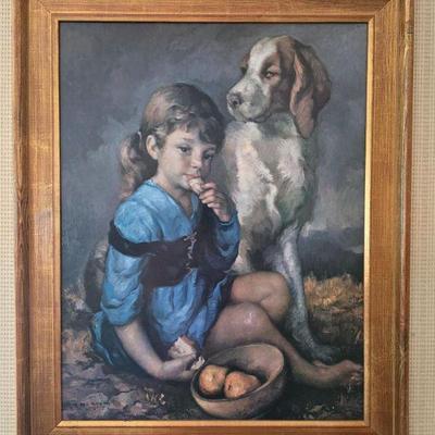 Signed Painting by Francisco Ribera, Spanish artist, Child w/ Dog	