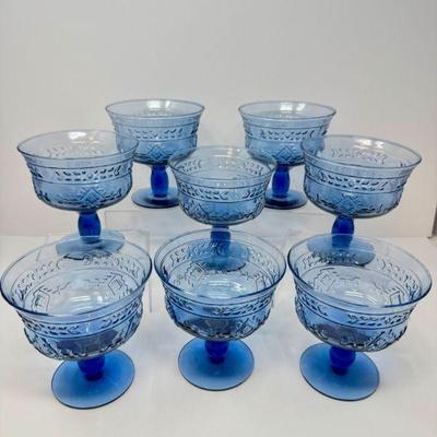 Set of 8 Vintage Blue Pressed Glass Sherbet or Dessert Cups - Large	
