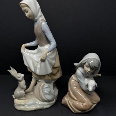 Lladro Porcelain Figurines: "Girl w/ Rabbit" & "Girl w/ Lamb" - Spain	
