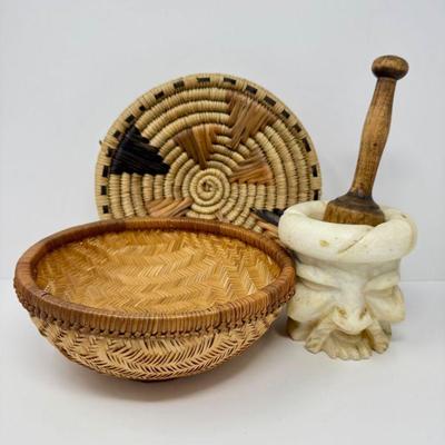 Carved Stone Mortar & Wooden Pestle + 2 Woven Baskets	