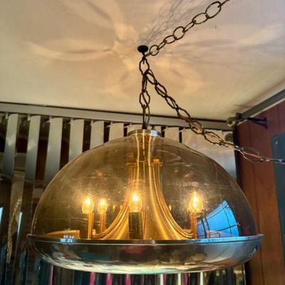 Vintage Smoky Gold Pendant Light w/ Plastic Dome Shade	