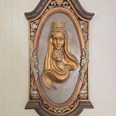 Madonna & Child Framed Religious Relief w/ Sculpted & Ornate Frame	