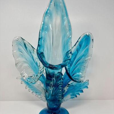 Hand Blown Blue Art Glass Flower Sculpture w/ Leaf & Wave Motif	