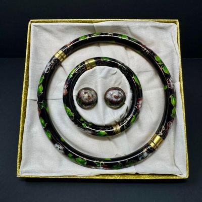 Vintage Chinese Cloisonné Choker, Bracelet & Clip-On Earring Set	
