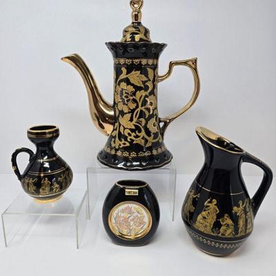 4-Piece Black & Gold Ceramic Set - Greek & Floral Motifs	