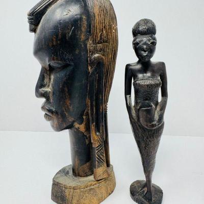Hand-Carved African Wood Sculptures – Tribal Bust & Female Figure	