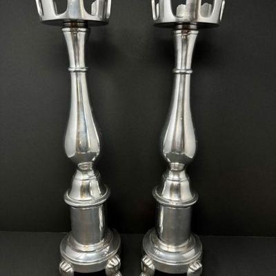 Pair of Tall Crown-Top Metal Candle Holders w/ Claw Feet	