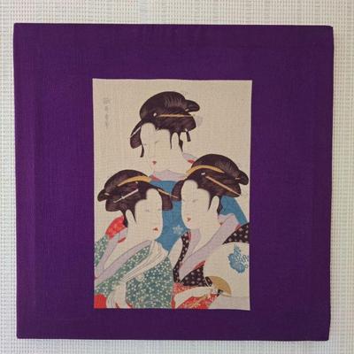 Japanese Ukiyo-e Geisha Trio on Purple Fabric, Possibly Silk	