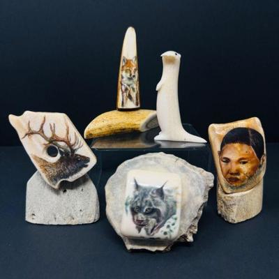 Scrimshaw & Bone Carvings Lot – Signed, Inuit, Wildlife, & Artifacts	