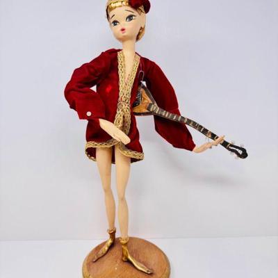 Vintage Musician Doll w/ Red Velvet Costume on Wood Base	