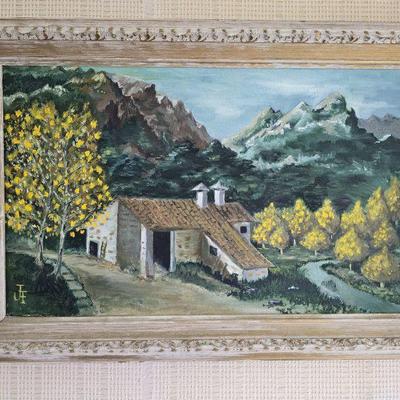 Landscape Oil Painting of Cottage & Mountains – Signed JF	
