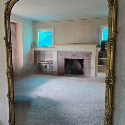Massive Gilded Wall Mirror w/ Ornate Crest & Beveled Glass	