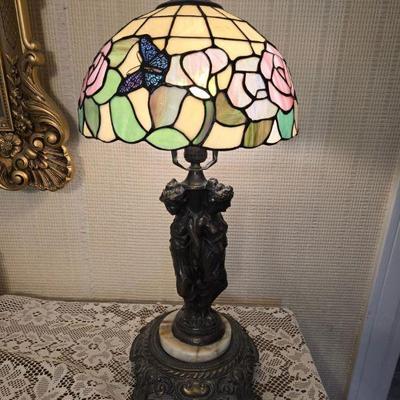 Tiffany-Style Stained Glass, Rose & Butterfly Lamp w/ Figural Base	