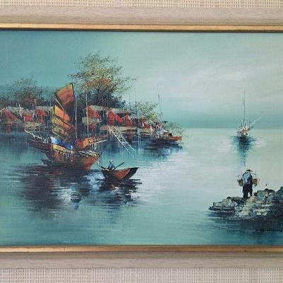 Framed Harbor Scene Oil Painting w/ Boats & Figures, Signed by Artist	