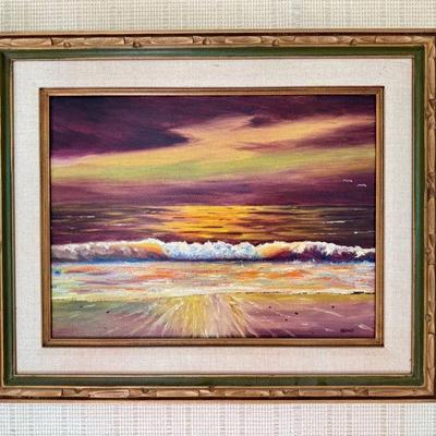 Signed M.R. Newell Sunset Seascape Oil Painting – Oak Harbor, WA	