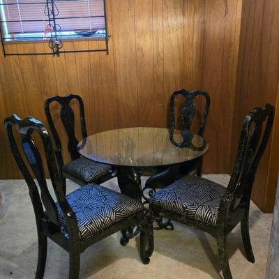 Black Finish Faux Stone Chairs (4) + Glass Tabletop w/ Sculptural Base	